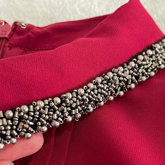 Cabernet Red Pleated Mini Dress Embellished Collar Size 8 - Picture 4 of 15